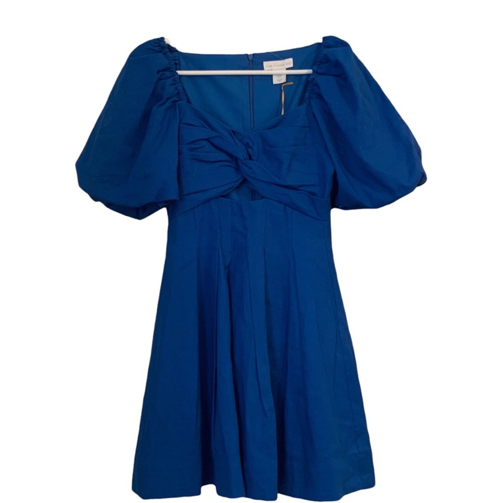 House Of Harlow Blue Linen Dress Cut Out Puff Sleeves Pleats Size XS
